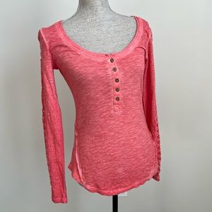 Free People Henley Tee Floral Lace Sleeve Long Sleeve Top Coral Size Small